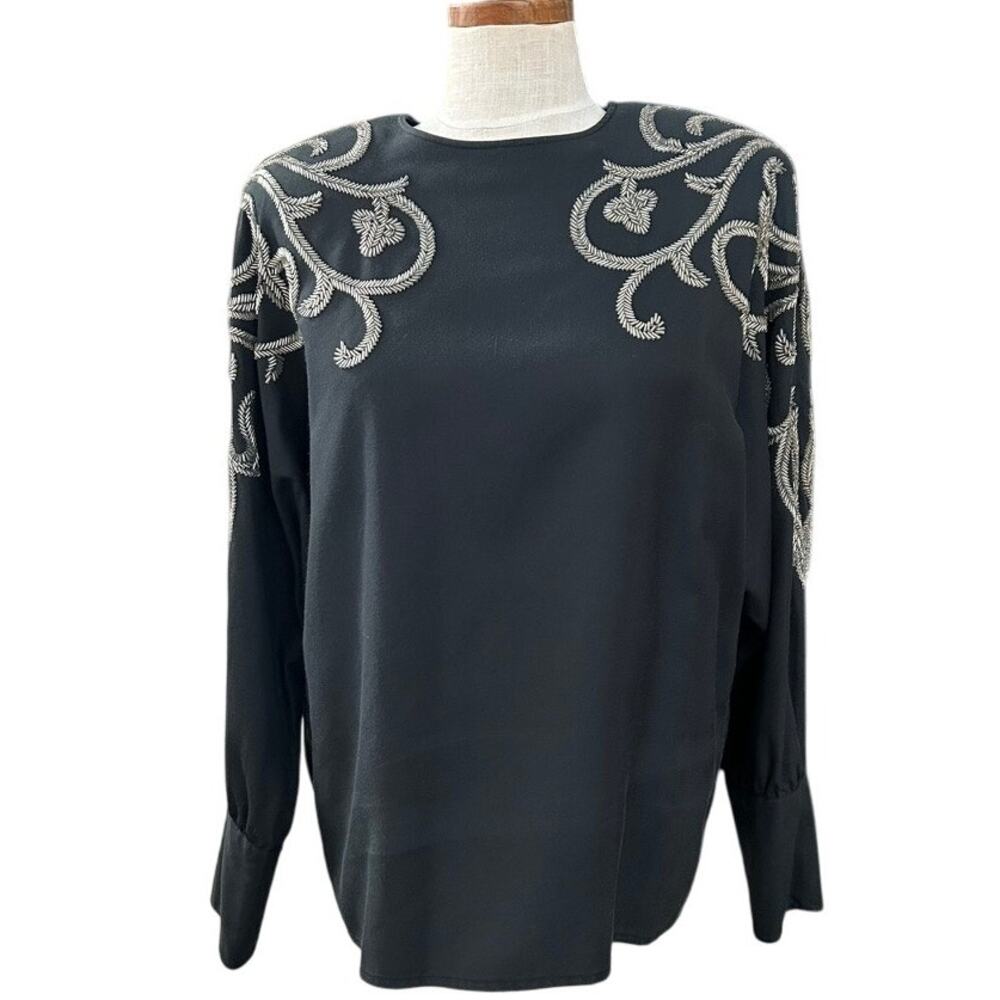 Bonnie Boerer Unlimited 80s Silk Bugle Bead Blouse L Black Silver Scrollwork